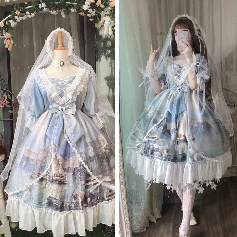 Blue Lace Princess Dress for Tea Party and Costume