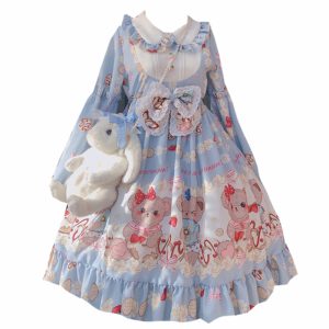 Blue Lolita Dress with Bear Ruffle, Bowknot, and Princess Costume