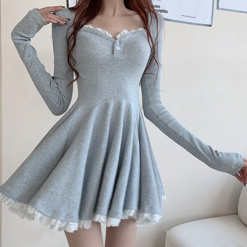 Blue Lolita Mini Knit Dress - Y2K Clothing