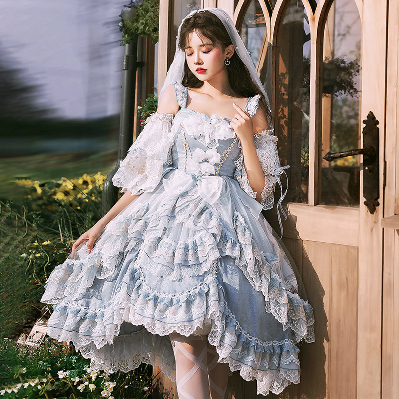 Blue Lotus Leaf Lace Long-Sleeved Lolita Dress