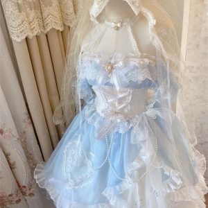 Blue Off Shoulder Lace Princess Party Costume Dress