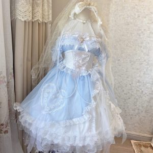 Blue Off Shoulder Lace Princess Party Costume Dress