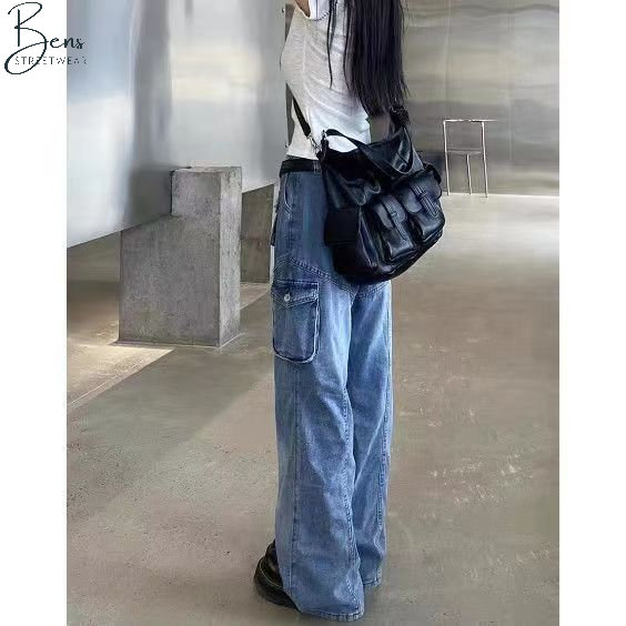 Blue Y2K Cargo Jeans for Women - Vintage Harajuku Denim Pants