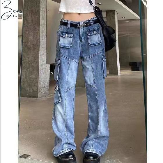 Blue Y2K Cargo Jeans for Women - Vintage Harajuku Denim Pants