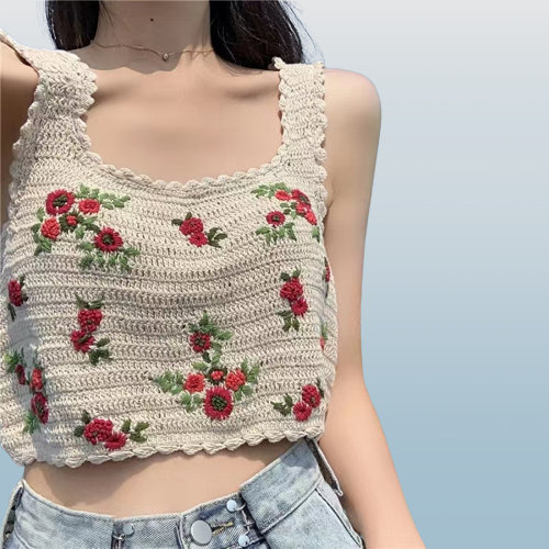 Bohemian Crochet Knitted Top with Embroidered Flowers