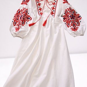 Bohemian Embroidered Flower O Neck Lantern Sleeve Dress