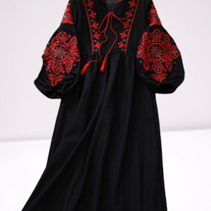 Bohemian Embroidered Flower O Neck Lantern Sleeve Dress