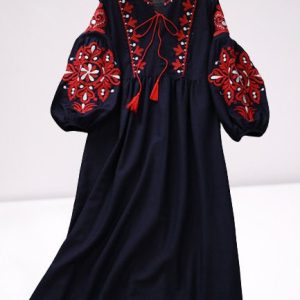 Bohemian Embroidered Flower O Neck Lantern Sleeve Dress