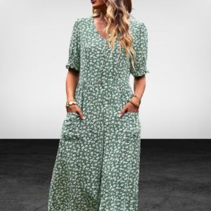 Bohemian Floral Daisies Midi Dress with Button Front Pockets