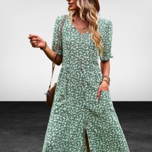 Bohemian Floral Daisies Midi Dress with Button Front Pockets