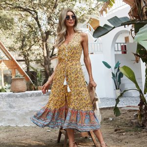 Bohemian Floral Print Midi Dress - Y2K Clothing