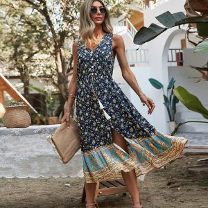 Bohemian Floral Print Midi Dress - Y2K Clothing