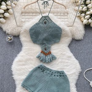 Bohemian Knitted Halter Tassel Camis & High Waisted Shorts - Y2K Clothing
