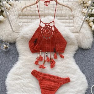 Bohemian Knitted Halter Tassel Camis & High Waisted Shorts - Y2K Clothing