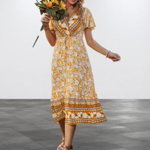 Bohemian Print Midi Dress - Y2K Clothing