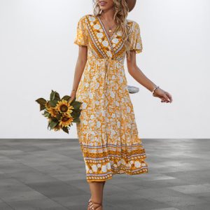 Bohemian Print Midi Dress - Y2K Clothing