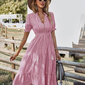 Bohemian Striped Tassel Detail Midi Dress