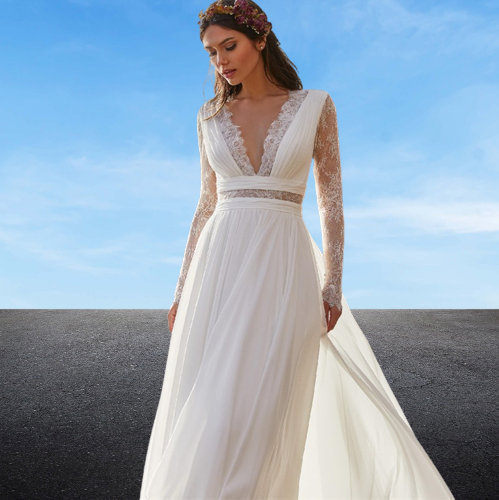 Bohemian Wedding Dress - Long Sleeve V-Neck