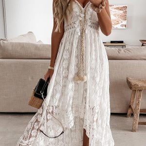 Boho Lace Up Maxi Dress - Embroidered Beach Sundress for Women