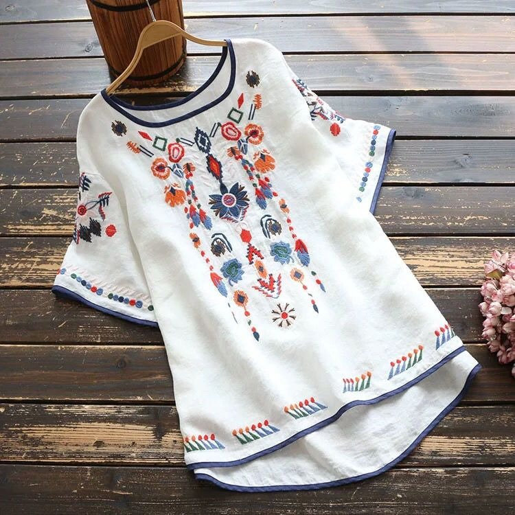 Boho Retro Linen Embroidered Women's Shirt