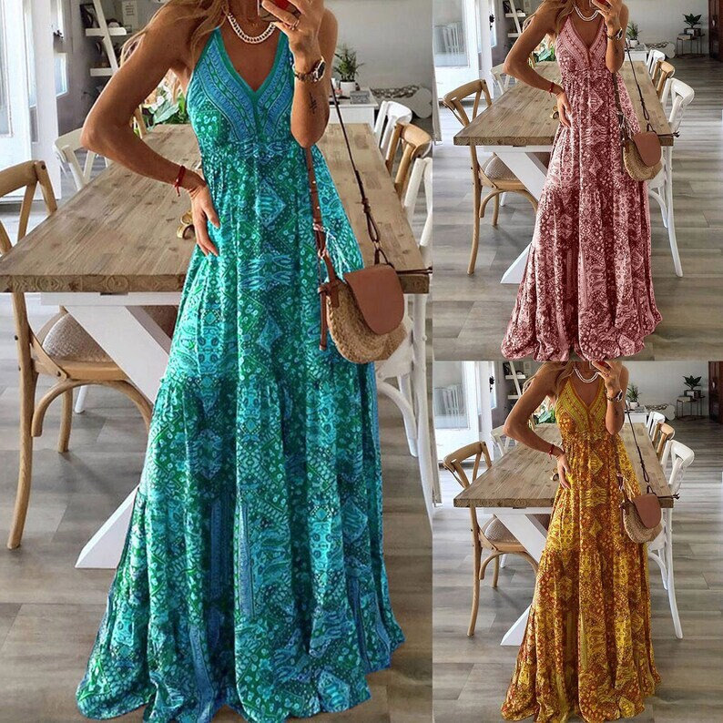 Boho Silk Maxi Dress with Spell Style Floral Print
