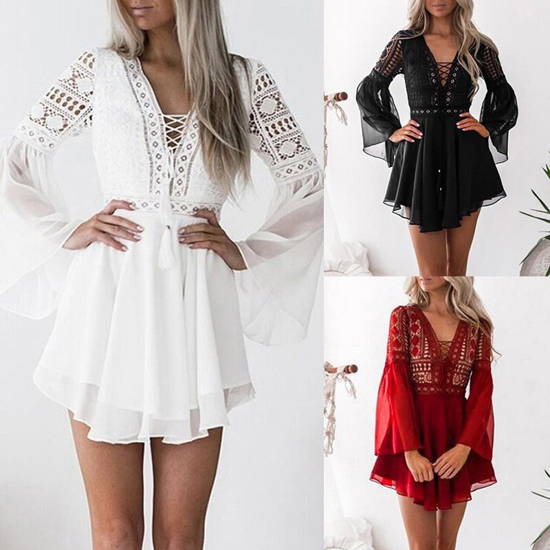Boho White Lace Summer Dress | Flared Sleeves | V-Neck