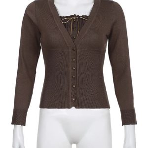 Brown Button Up Long Sleeve Top - Y2K Clothing Fashion