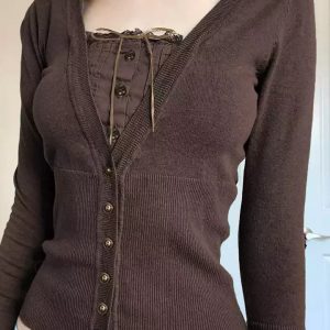 Brown Button Up Long Sleeve Top - Y2K Clothing Fashion