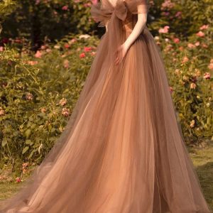 Brown Tulle Prom Dress - Elegant Fairy Gown for Y2K Fashion