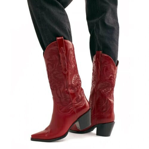 Burgundy/Red Leather Embroidered Cowboy Boots for Women