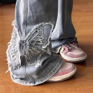 Butterfly Embroidery Baggy Jeans - Y2K Fashion Essential