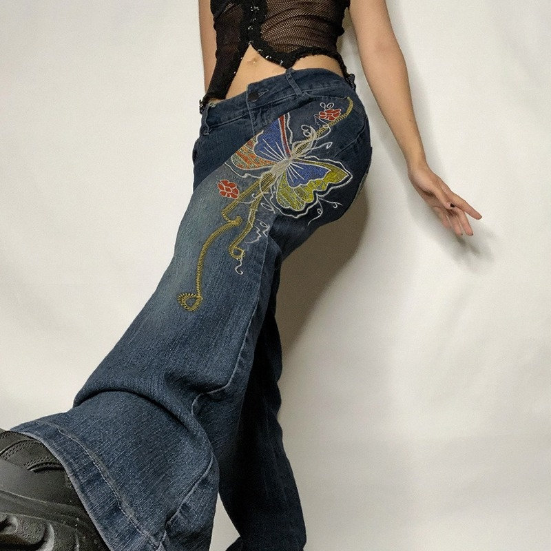 Butterfly Print Baggy Jeans - Y2K Low Waist Denim Flare Pants