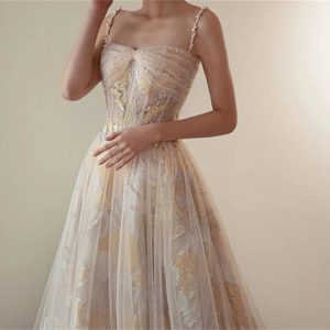 Champagne Gold Flower Pearls Beading Tulle Dress - Y2K Clothing