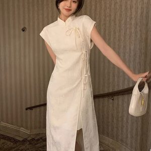 Chinese Style Buckle Waist High Slit Cheongsam Dress