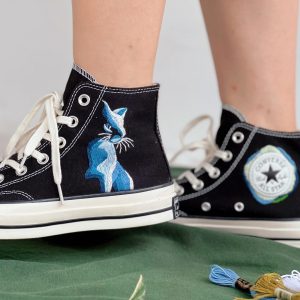 Custom Blue Cat Embroidered Converse High Tops