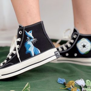 Custom Blue Cat Embroidered Converse High Tops