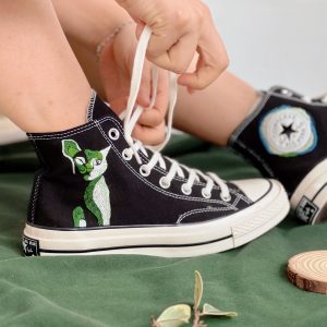 Custom Blue Cat Embroidered Converse High Tops