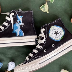 Custom Blue Cat Embroidered Converse High Tops