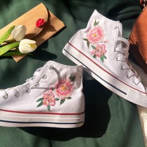 Custom Embroidered Peony Pink Flower Converse High Tops