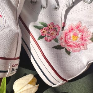 Custom Embroidered Peony Pink Flower Converse High Tops