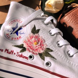 Custom Embroidered Peony Pink Flower Converse High Tops