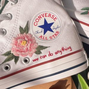 Custom Embroidered Peony Pink Flower Converse High Tops