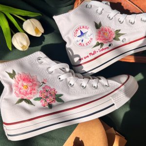 Custom Embroidered Peony Pink Flower Converse High Tops