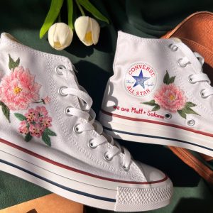 Custom Embroidered Peony Pink Flower Converse High Tops