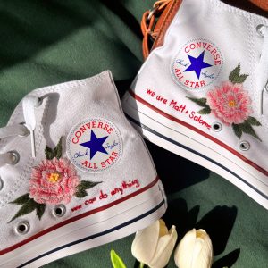 Custom Embroidered Peony Pink Flower Converse High Tops