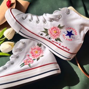 Custom Embroidered Peony Pink Flower Converse High Tops