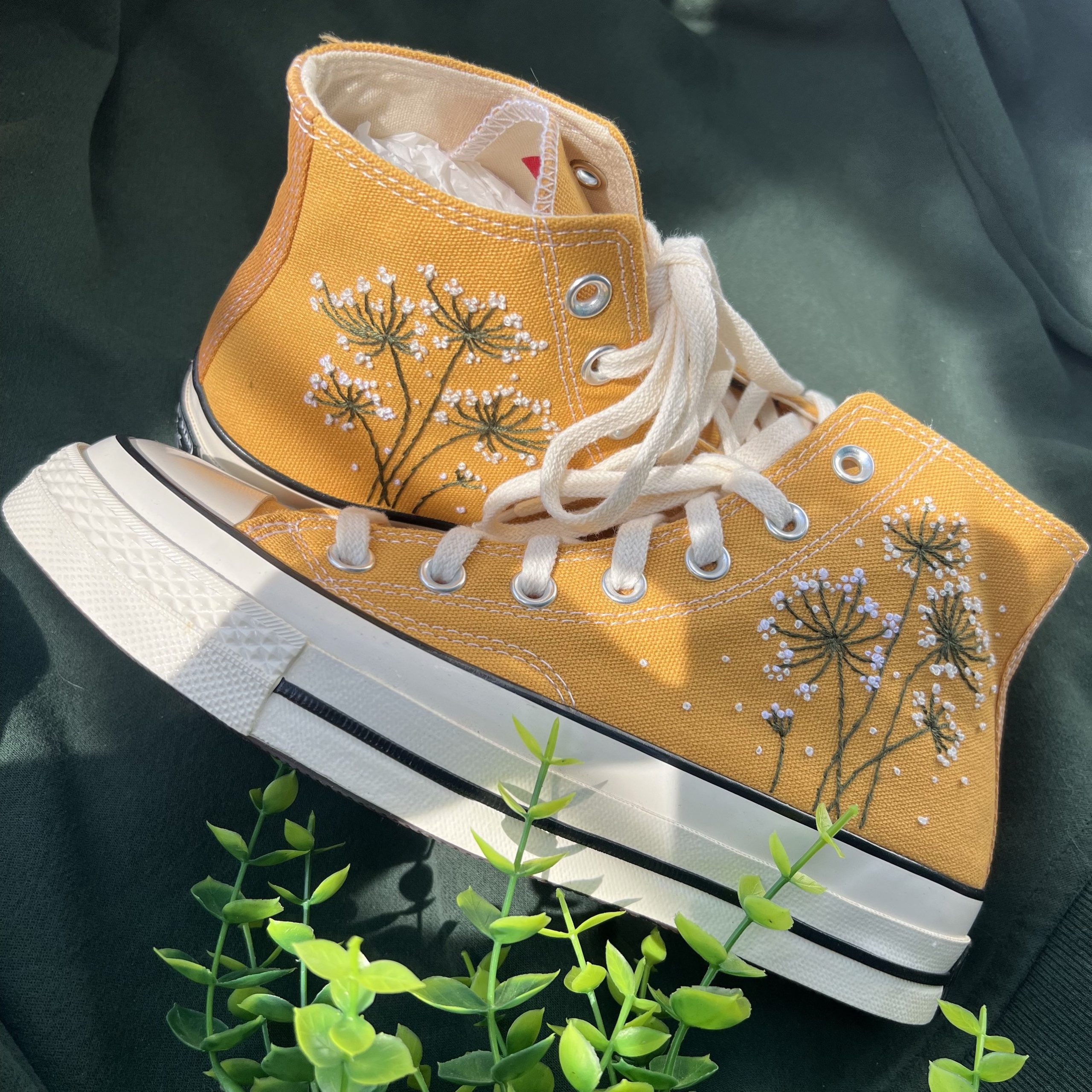 Custom White Dandelion Embroidered Logo Converse High Tops