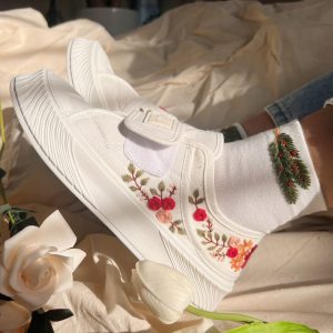 Custom White Wedding Sneakers with Destination Wedding Logo