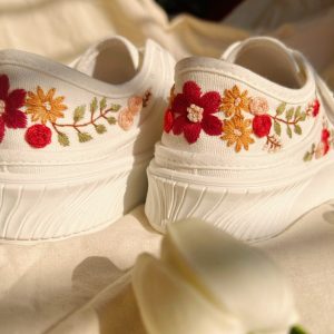 Custom White Wedding Sneakers with Destination Wedding Logo