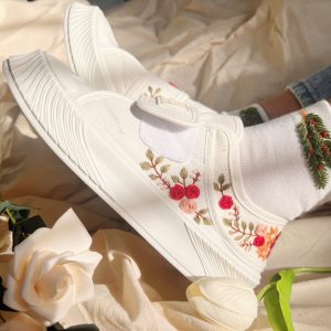 Custom White Wedding Sneakers with Destination Wedding Logo